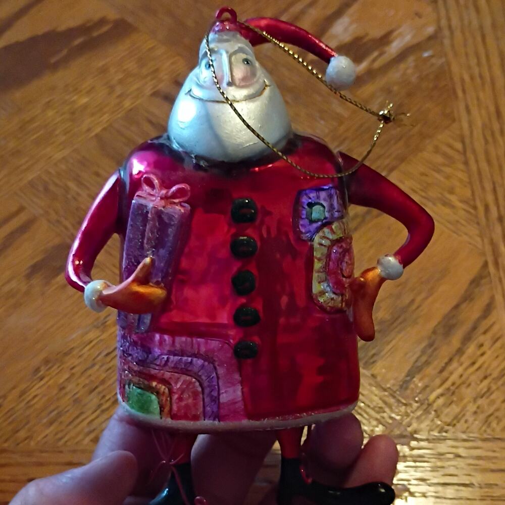 Glass Hanging Santa Claus Christmas Ornament Red White w/ Hat and Present